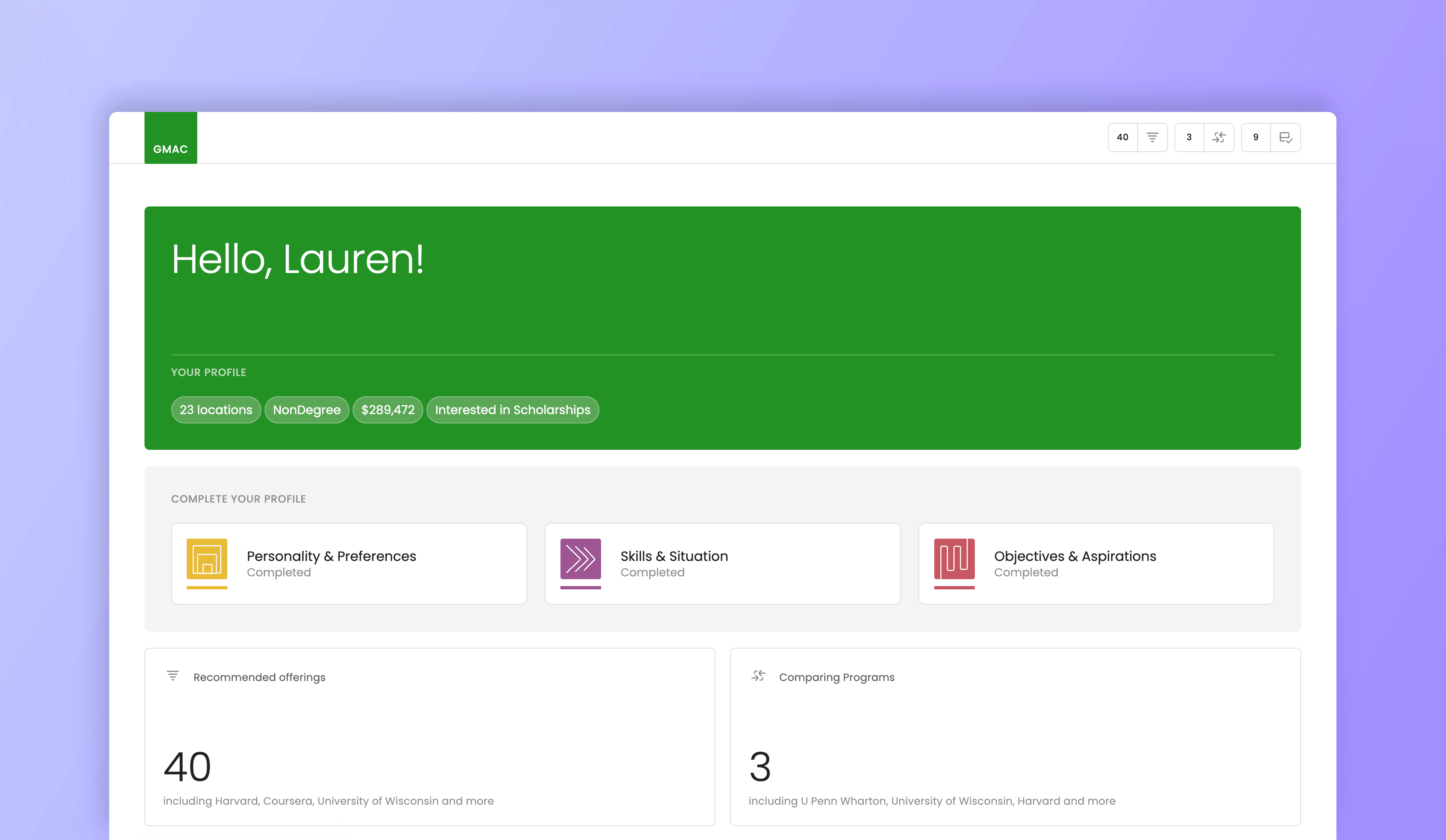 screengrab of the dashboard UI in the full journey prototype