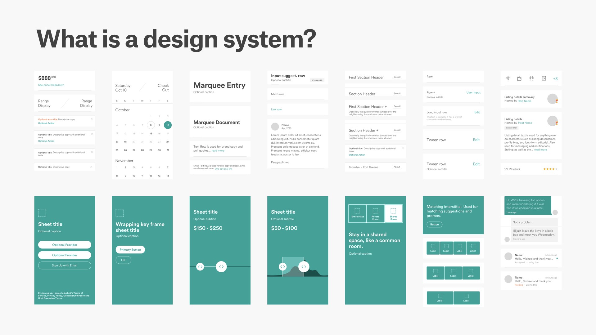 Grid of multiple shots of UI components and views for an unspecified application, that clearly follow consistent visual rules.