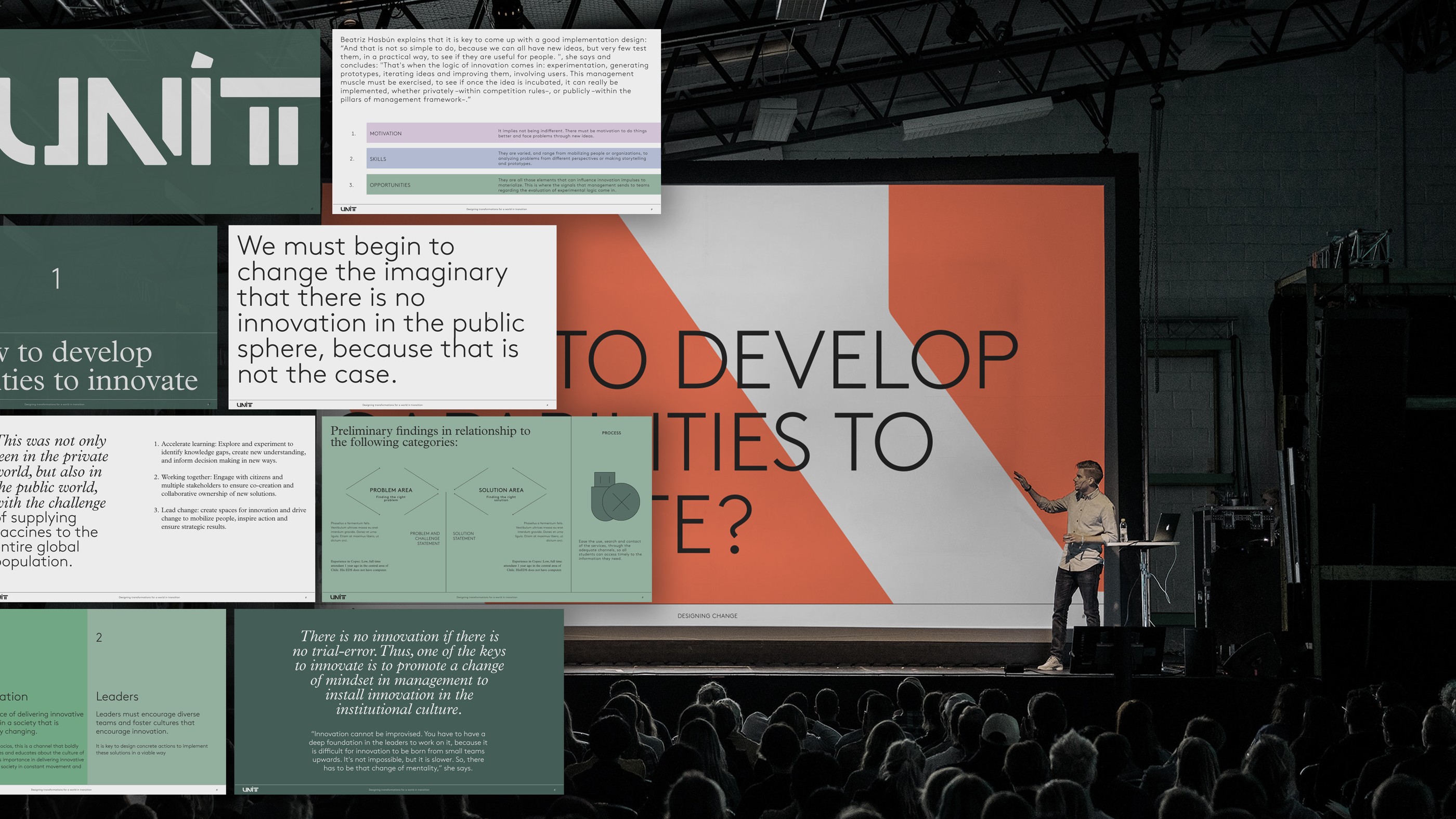 A sample set of slides on top of an image of a presenter.