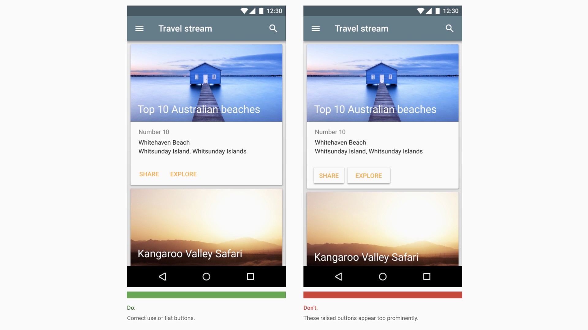 Example of Dos amd don'ts for the use of flat buttons provided by Material Design.