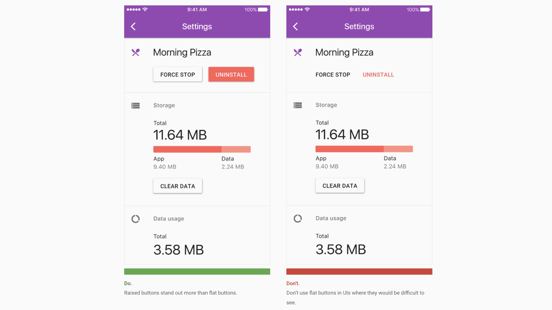 Example of Dos amd don'ts for the use of flat buttons provided by Material Design.