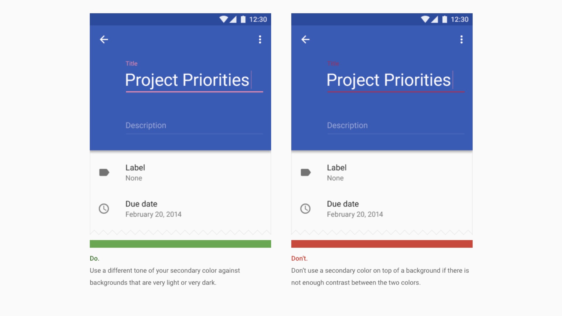 Example of Dos amd don'ts for the use of secondary colors against backgrounds provided by Material Design.